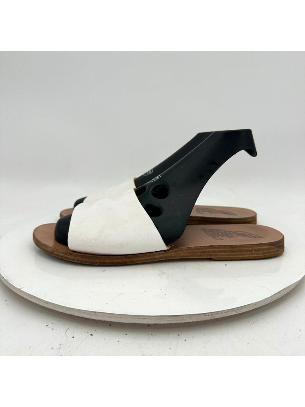 Ancient Greek Women Size EU 38 US 7.5 Black White Leather Slingback Flat Sandal